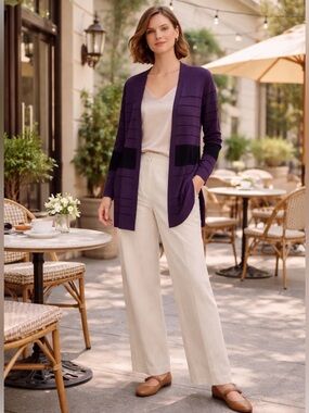 Misook Purple Black Striped Colorblock Knit Cardigan L Open Front Jacket